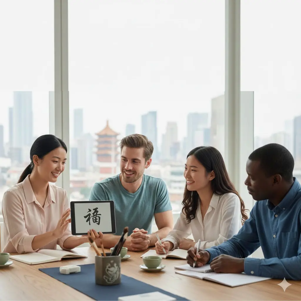 Cours de chinois certifiante CPF avec un groupe d'élèves et une professeure native.