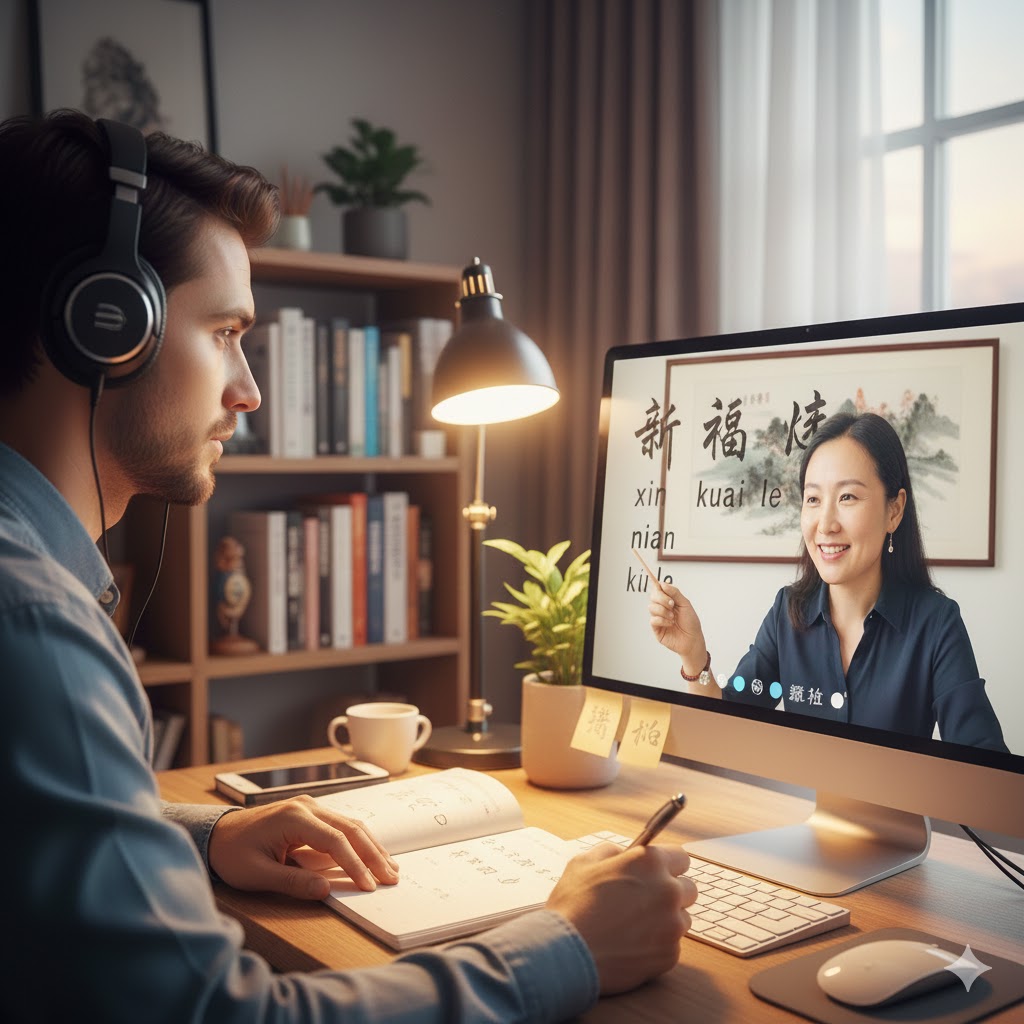Étudiant suivant des cours de mandarin particuliers en ligne par visioconférence avec une professeure de chinois.