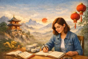Une jeune femme étudie le chinois à l’extérieur, assise à une table en bois, avec des tasses de thé et un dragon décoratif à côté. En arrière-plan, on aperçoit un paysage montagneux avec une pagode traditionnelle et des lanternes rouges, créant une atmosphère sereine et culturelle.