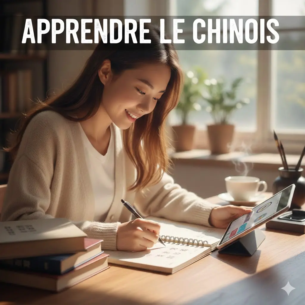 Étudiante souriante un ordinateur affichant des ressources de langue chinoise, ambiance lumineuse et moderne.