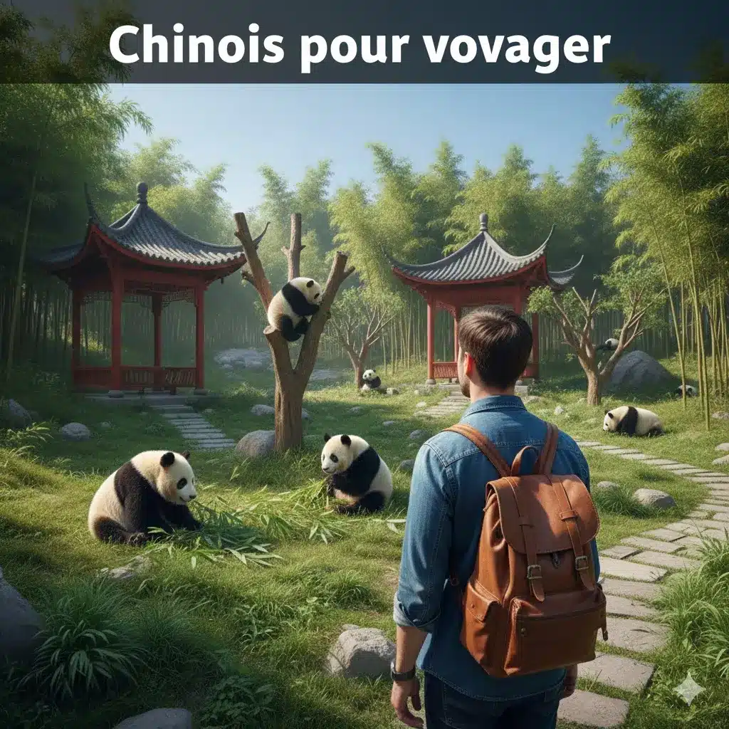 Vue d'un voyageur avec sac à dos dans un parc de Panda à Chengdu sous un ciel bleu, concept de voyage et d'aventure en Chine.