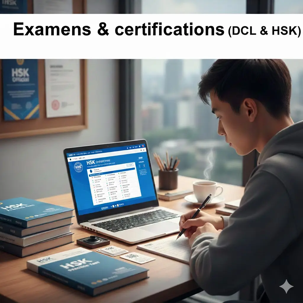 Bureau d'examen avec un certificat officiel, des stylos et un manuel de révision HSK, éclairage naturel et studieux.