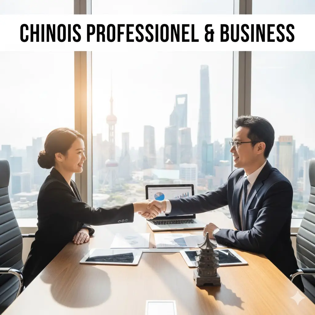 Réunion professionnelle dans un bureau moderne à Shanghai avec vue sur les gratte-ciels, poignée de main et documents de travail.