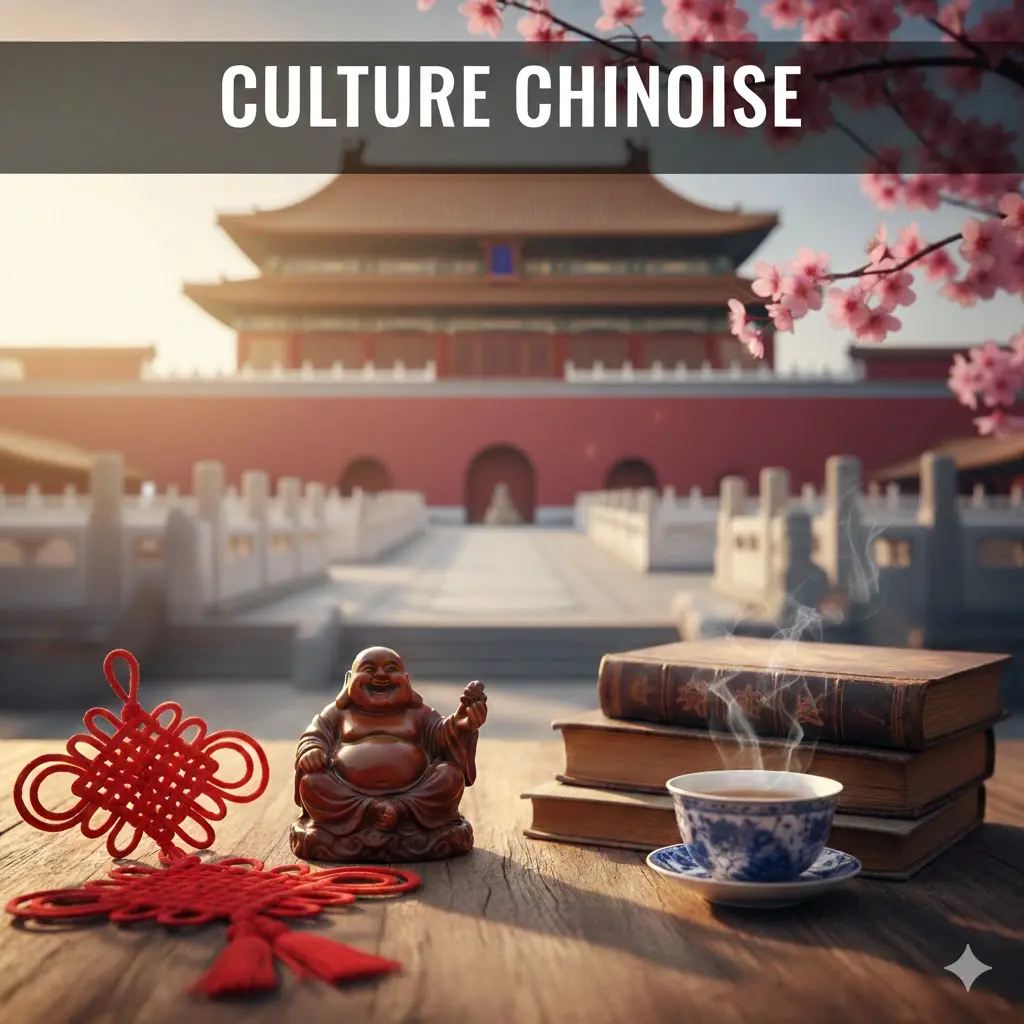 Composition artistique mêlant lanternes rouges traditionnelles, la cité interdite et éléments de la culture chinoise.